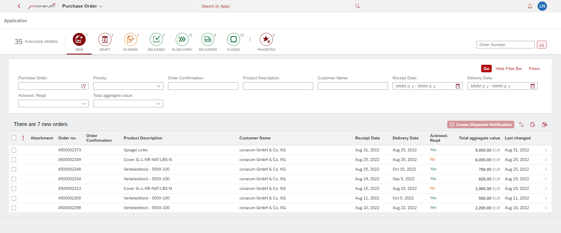 prconarum_po_overview proconarum Bestellung / Lieferplan Übersicht