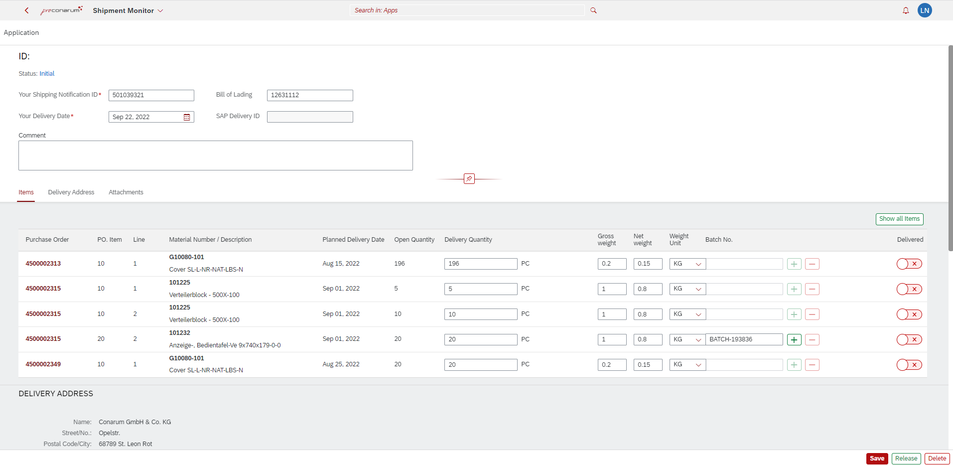 prconarum_shipment_detail proconarum Shipment Details - Anlieferung