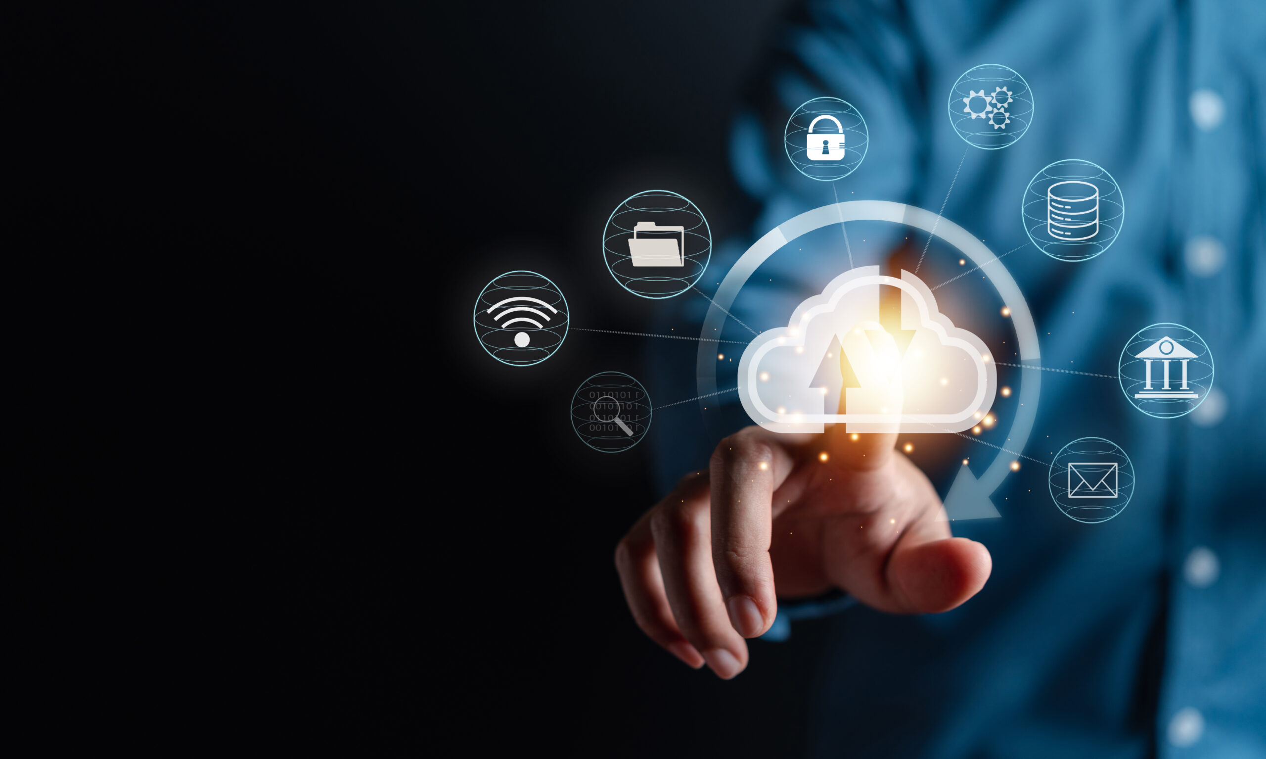 Businessman touching cloud computing to download and loading data information and upload on system network application. Technology transformation concept SAP Beratung BTP